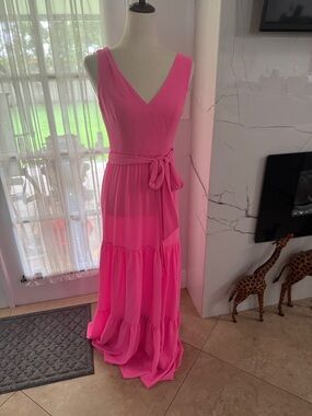 Lilly Pulitzer Hot Pink Sleeveless V-Neck Maxi Dress with Waist Tie